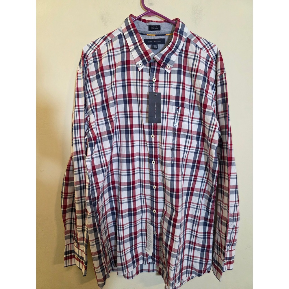 Tommy Hilfiger Mens XXL Custom Fit Plaid Button Down Shirt Red White Blue Cotton